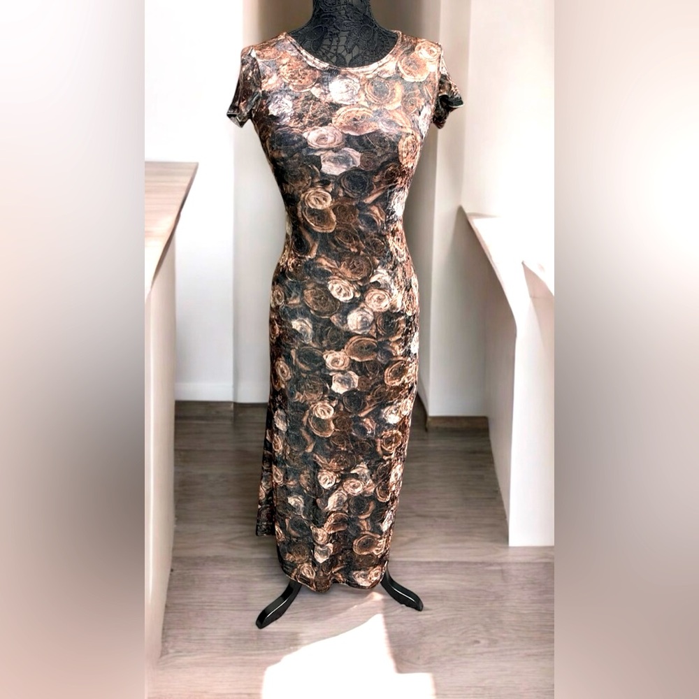 Brown Tan Sheath Midi Dress with Cap Sleeves